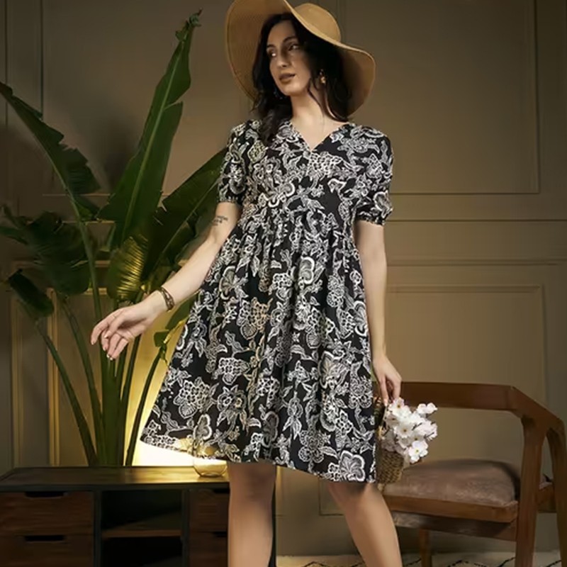 Women floral puff sleeve fit & flare dress