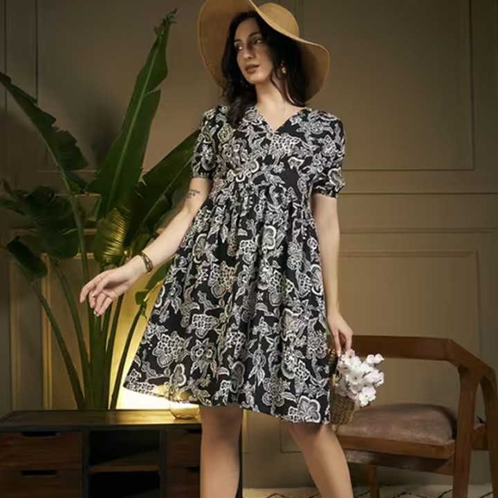 Women floral puff sleeve fit & flare dress