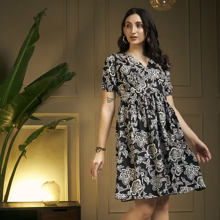 Women floral puff sleeve fit & flare dress