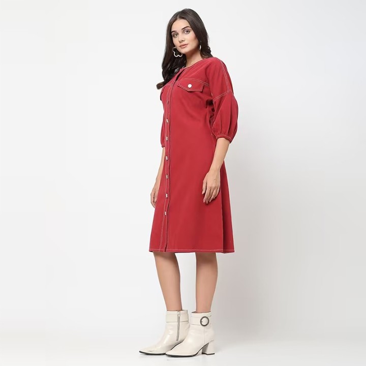 Women maroon solid round neck a-line dress
