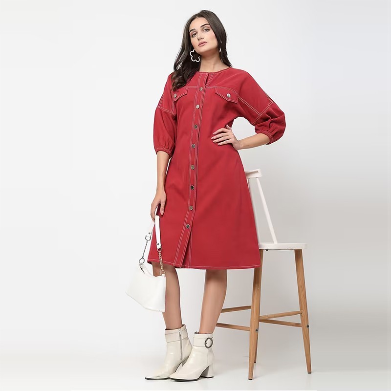 Women maroon solid round neck a-line dress