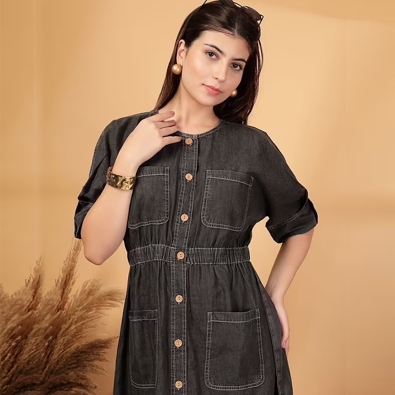 Women grey denim shirt dress