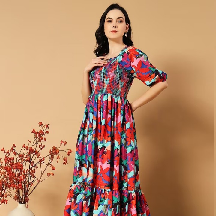Women floral print puff sleeve tiered dress