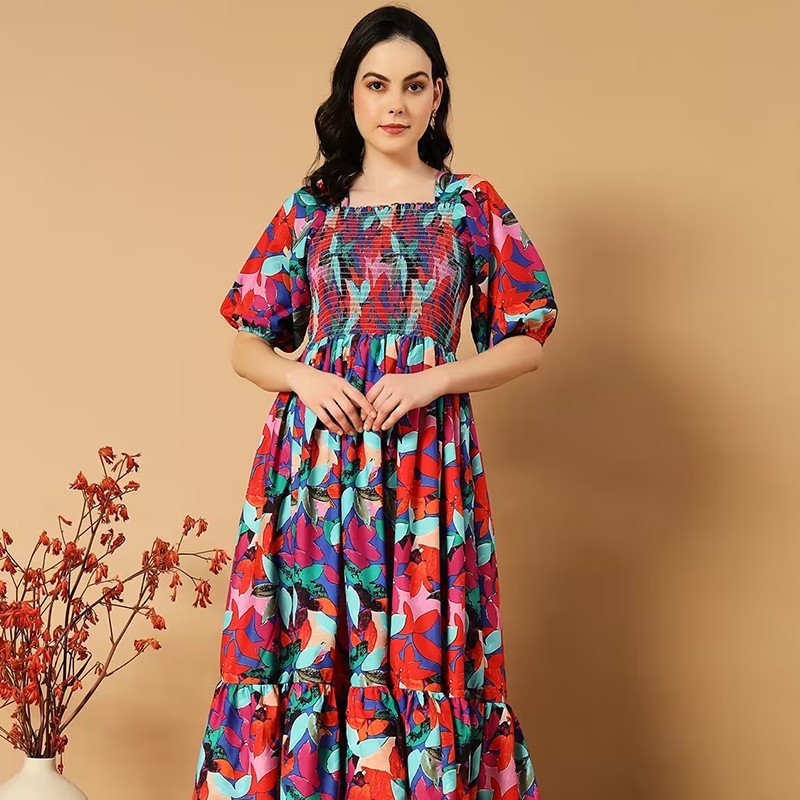 Women floral print puff sleeve tiered dress