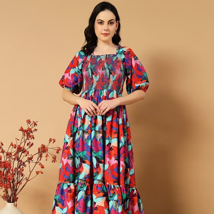 Women floral print puff sleeve tiered dress