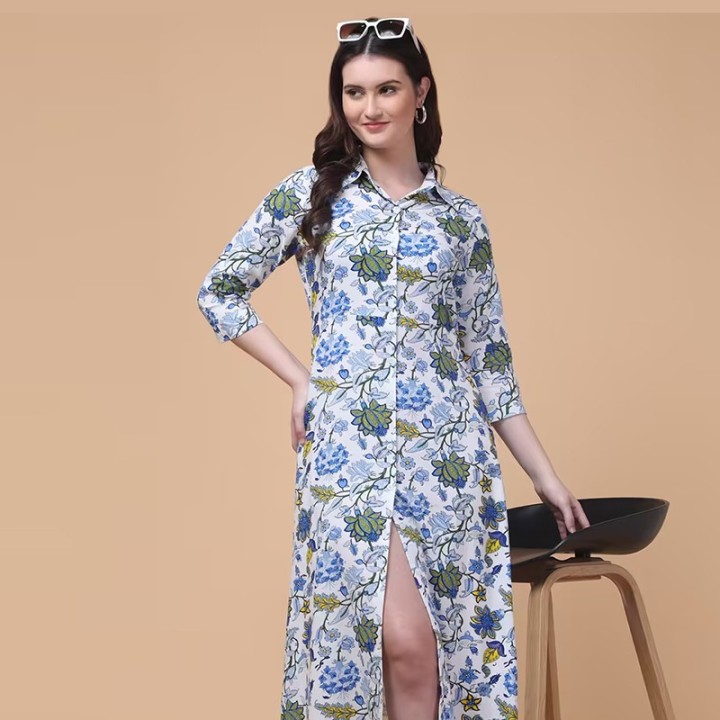 Women floral print collared shirt dress
